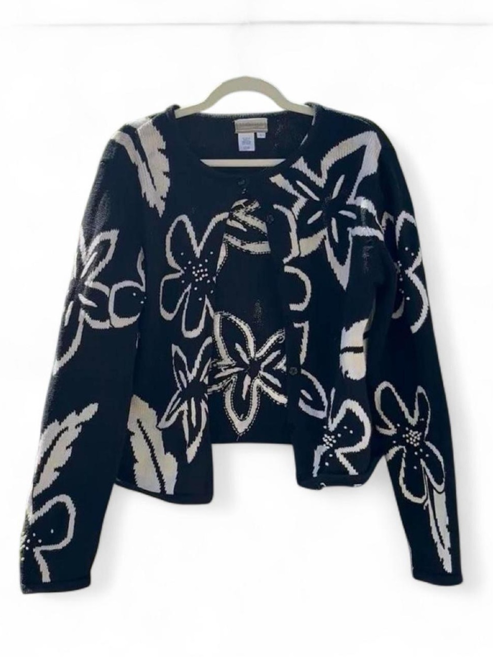 Vintage Coldwater Creek Black & White Embroidered Floral Cardigan
